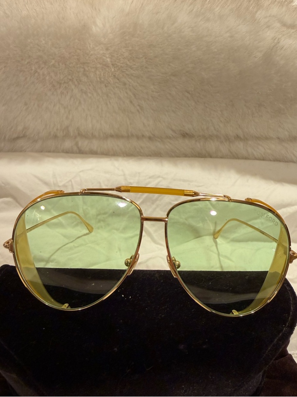 Tom Ford Gold Metal Aviator Sunglasses with Light Green Lenses